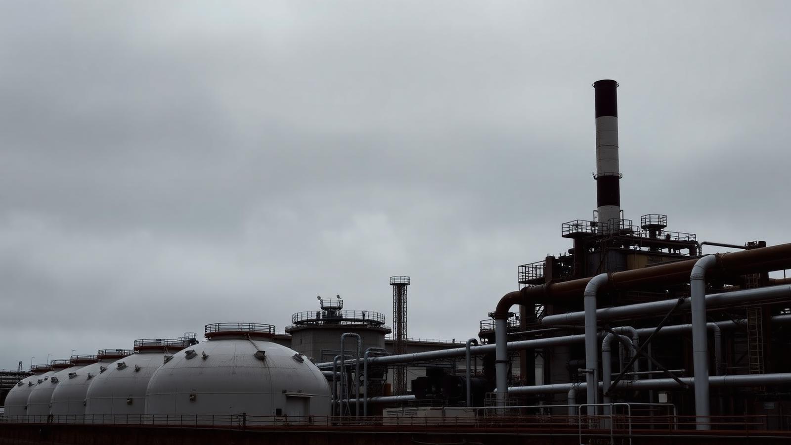 Chemical processing plant vessels and pipework beneath an overcast sky